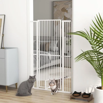 PAWHUT 59" Extra Tall Pet Gate, 30"-41" Dog Gate with Cat Door, White