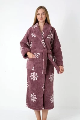 Bademantel Damen Lang Lila mit Gürtel Kuschelig Warm Weich Blumenmuster M-2XL - Bild 1 von 4