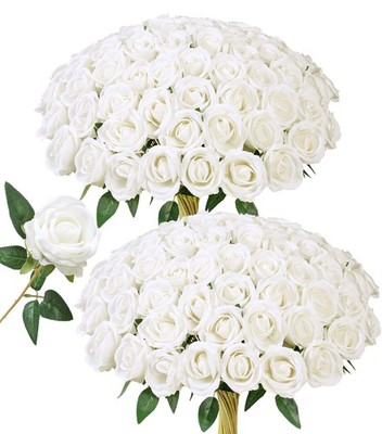 50 PCS White Roses Artificial Flowers, Fake Roses with Stems Realistic Silk R...