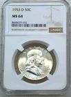 1953-D Franklin Half Dollar NGC MS64 98% FBL Frosty White PQ New Holder #H287D