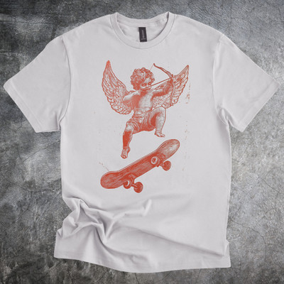 Cupid Shirt Angel Skateboard Retro Cherub Graphic Skate Art Linework Tshirt Gray