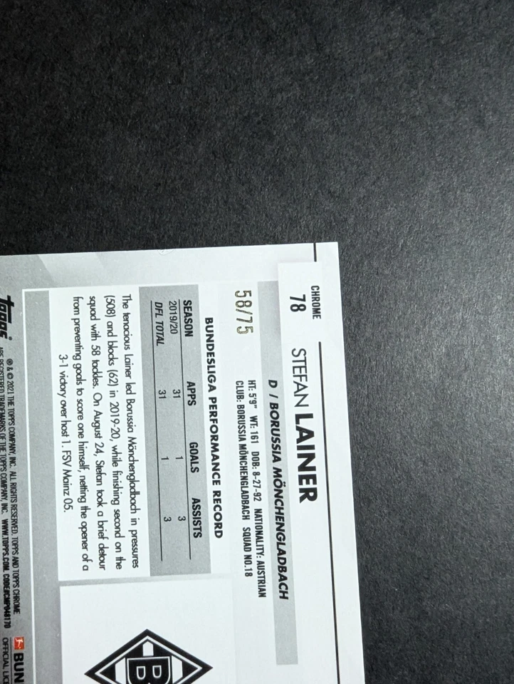 2020-21 Topps Chrome Bundesliga Sapphire Edition Green /75 Stefan Lainer #78 - Image 4 of 4