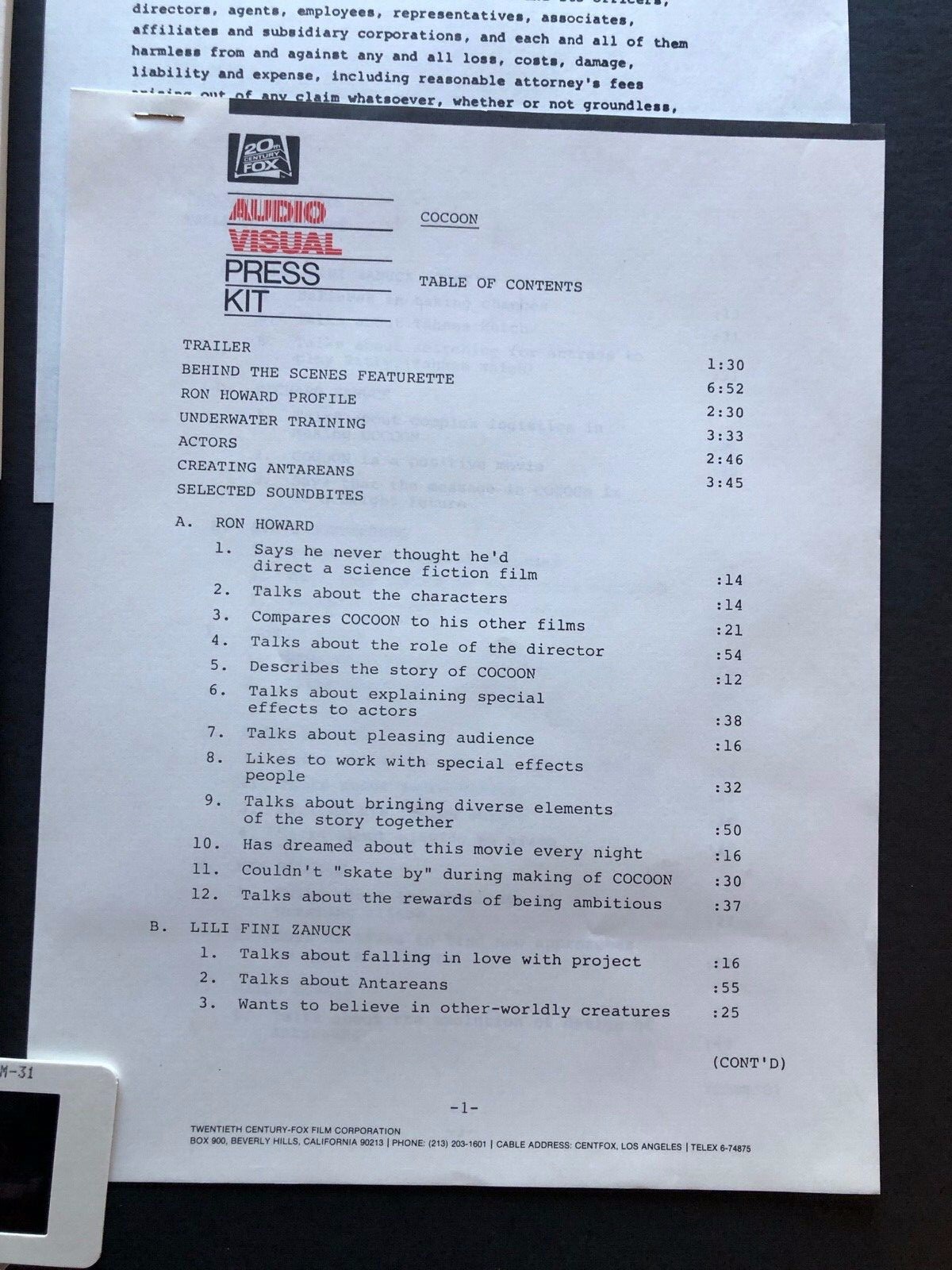 MGM Audio Visual – Cocoon (1985) – Original Movie Press Kit w/Press News  Sheets – Biblioteca Nacional de Angola