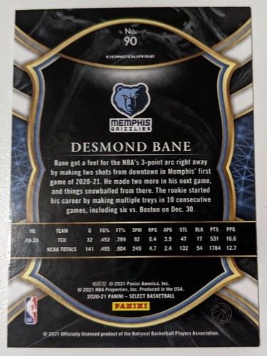 2020-21 Select Desmond Bane RC Concourse Blue Prizm #90 Rookie Grizzlies - Picture 2 of 2
