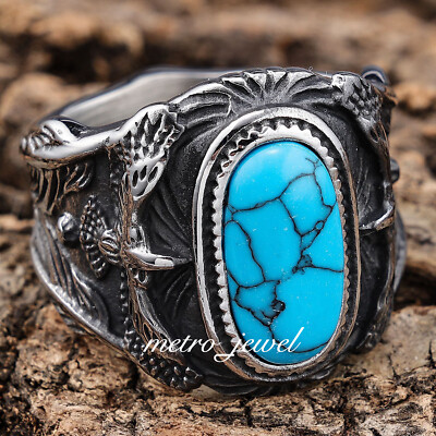 JXC Men's Large Native Indian Turquoise Stone Eagle Biker Ring For Men Size  7-15 - Main Image
