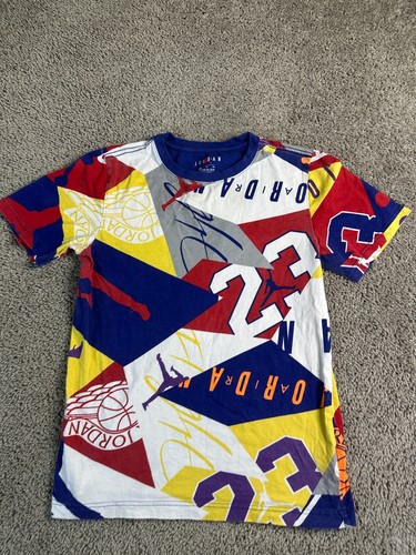 Nike Air Jordan Shirt Boys XL Multicolor AOP Jumpman Retro Logos Short Sleeve * - Picture 3 of 12