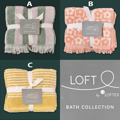SET OF 2 LOFT by Loftex Soft Absorbent Cotton Hand Towels Striped Floral Fringed