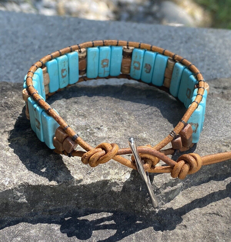 Men's Beaded Bracelet Turquoise Tiger Jasper Beaded Brown Leather Cuff Bracelet - Picture 2 of 4