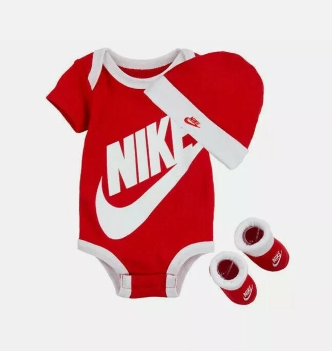 Nike Childrens Apparel Baby Hat Bodysuit Booties 3 Piece Gift