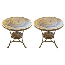 Pair of Wooden Inlay Gilt Bronze Round Two Tier Gueridon Paw Feet Table
