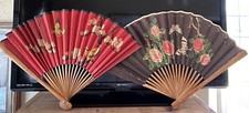  2 Vintage Chinese Wall Fan Floral Birds Hand Painted Red Bird Black Butterflies