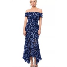 NWT XSCAPE Off-The-ShoulderEmbroidered 3D Floral Lace MidiDress Navy Sz 4 $298