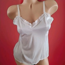USA Vintage WOMEN'S CAMISOLE Cami Top WHITE SATIN NYLON Faded Union ILGWU Small