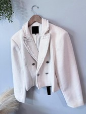 White Textured Double-Breasted Blazer Jacket with Frayed Lapel Detail