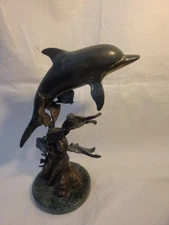 SPI GALLERY~DALPHIN & UNDERSEA FRIENDS~HANDMADE~BRASS SCULPTURE MARBLE BASE 12"T