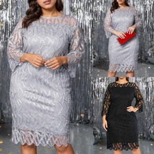 Plus Size Women Lace Midi Dress Bodycon Ladies Evening Cocktail Party Ball Gown