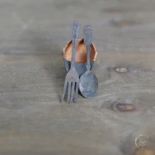 Vintage Dollhouse Miniature Metal Fork Spoon Flatware Patina Lot of 2 Rustic