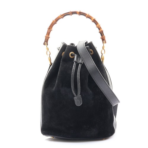 GUCCI Vintage Bamboo Shoulder Handbag Calfskin Suede Black 00137541657