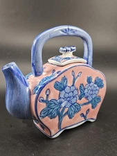 Ben Rickert Chinoiserie Teapot Blue Pink Floral Ceramic Asian Decor 5 In Tall