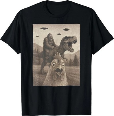 SALE!! Funny Chicken Selfie Bigfoot Riding T Rex FU Unisex T-Shirt