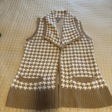 Chico's Sleeveless Open Sweater Vest Duster Hounds Tooth Plaid Beige/Cream Sz 2