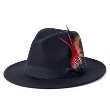 Mens Fedora Hats Wide Brim Felt Panama Hat Dress Hat with Feather Medium A-black