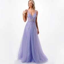 V-Neck Sleeveless Evening Dress A-Line Tulle Sexy Applique Open Back Party Gowns