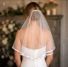 White Elbow Length Tulle Wedding Veil with Ribbon Edge Trim Bridal Accessory