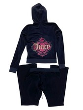 Juicy Couture Navy Pink Rhinestone Crown Coat of Arms Velour Track Suit Set Sz L