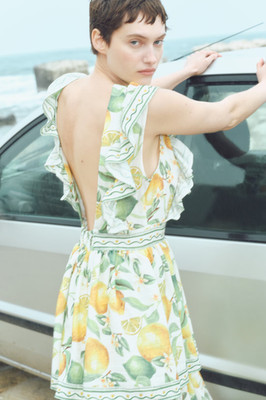 H&M RÜSCHENKLEID ZITRONENFRUCHT RÜSCHEN MAXI BLUMEN SOMMER L LARGE 14 10 42