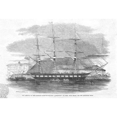 KORK Die Ankunft des amerikanischen Schiffes The Jamestown - antiker Druck 1847