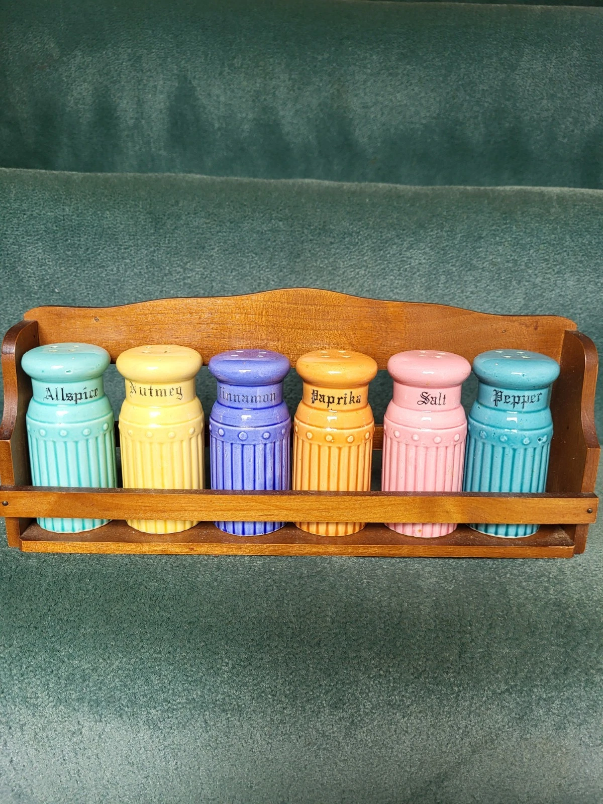 Vintage Spice Rack 6 Shakers With Wood Hanging Rack Farmhouse/ Cottage Core