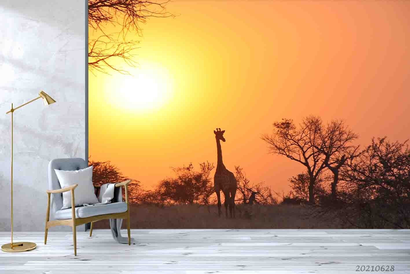 3D Grassland Giraffe Sunset Landscape Wall Murals Wallpaper Murals Wall Sticker