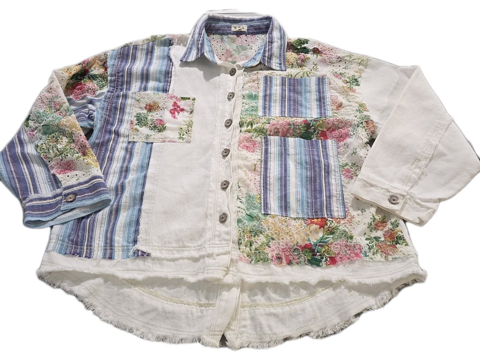 POL Patch Work Fabric Denim Flower Button Up Long… - image 3