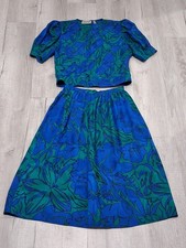 Vtg Papell Boutique 100 Silk Sz Small Floral Top Skirt Set 2 PC Blue Green