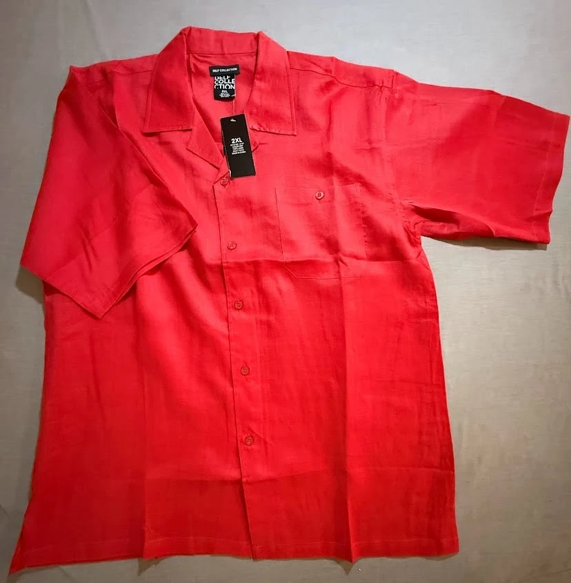 Delf Collection Linen Shirt Adult 2XL Red Button Up Short Sleeve Camp Mens.