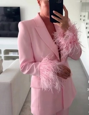 ZARA WOMAN SS25 FEATHER CUFF BLAZER JACKET PINK S 3419/324/401