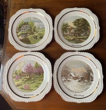 4 VTG HARKER CURRIER AND IVES PLATES "FOUR SEASONS IN VERMONT" GOLD TRIMMINGS