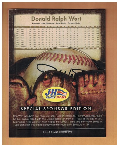 Don Wert AUTOGRAPHED LIVING BASEBALL CARD SIGNED DETROIT TIGERS - Picture 2 of 2