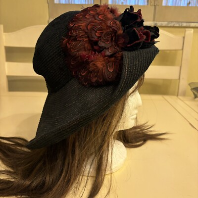 Eric Javitz Cloche Black Hat With Burgundy Feathers & Black  display picture 1