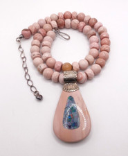Sterling Silver 925 Pink Coral 10mm Bead & Opal Pendant Adjustable 21