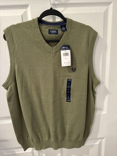 CHAPS Mens Size L Sweater Vest Casual Golf Olive Green 100% Cotton V Neck NWT