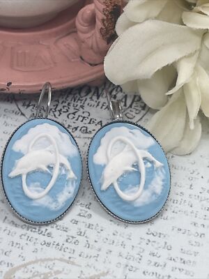 Dolphin Sea Life Ocean Beach Vacation Cruise Silver Plt  Earrings Cameo Birthday