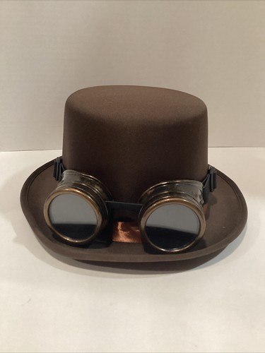 Steampunk Cosplay Mens Brown Top Punk Hat With Goggles Size One Size
