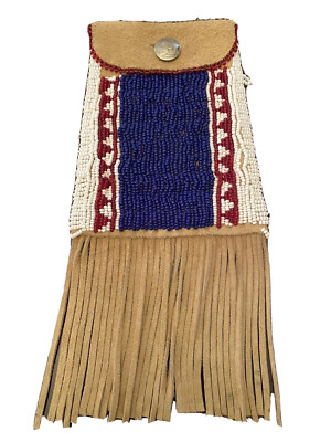 NATIVE AMERICAN BEADED MEDICINE POUCH LEATHER NAVAJO BUFFALO TOBACCO BAG 7”  X 5”