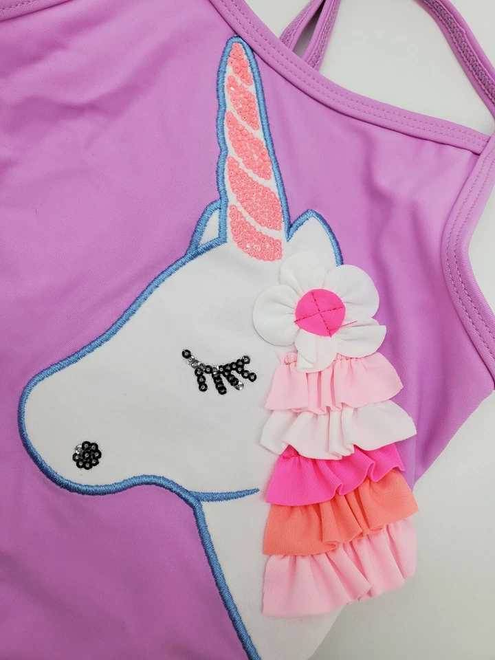 Nuevo traje de baño FLAPDOODLES para niñas pequeñas talla 2T de una pieza violeta unicornio Foto 3 de 4