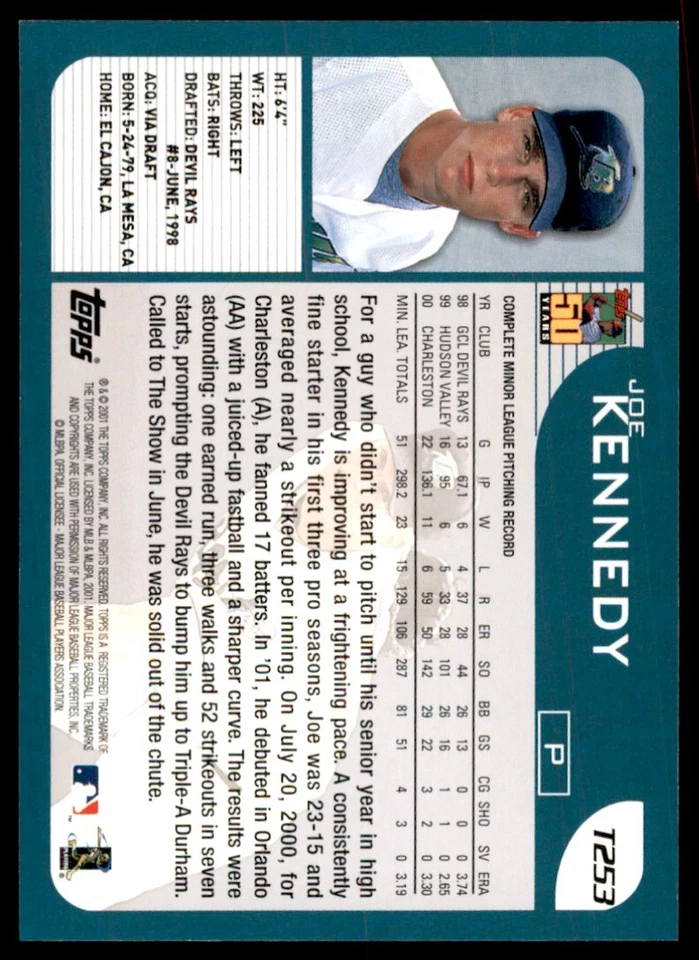 2001 TOPPS TRADED ROOKIES JOE KENNEDY TAMPA BAY DEVIL RAYS #T253 - Image 2 of 2