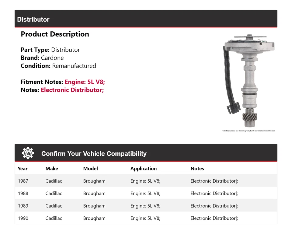 Cadillac Brougham 1987-1990 5L V8 distribuidor Cardone 1988 1989 Foto 2 de 4
