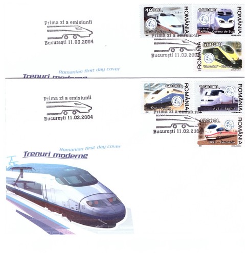 Romania 2004 Railroads, Speed Trains, "Blue Arrow" set stamps +S/S nice FDC's - Picture 2 of 2