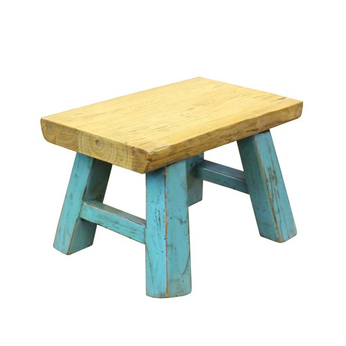 Raw Wood Top Finish Blue Legs Rectangular Short Stool Table cs5604 - Picture 5 of 6